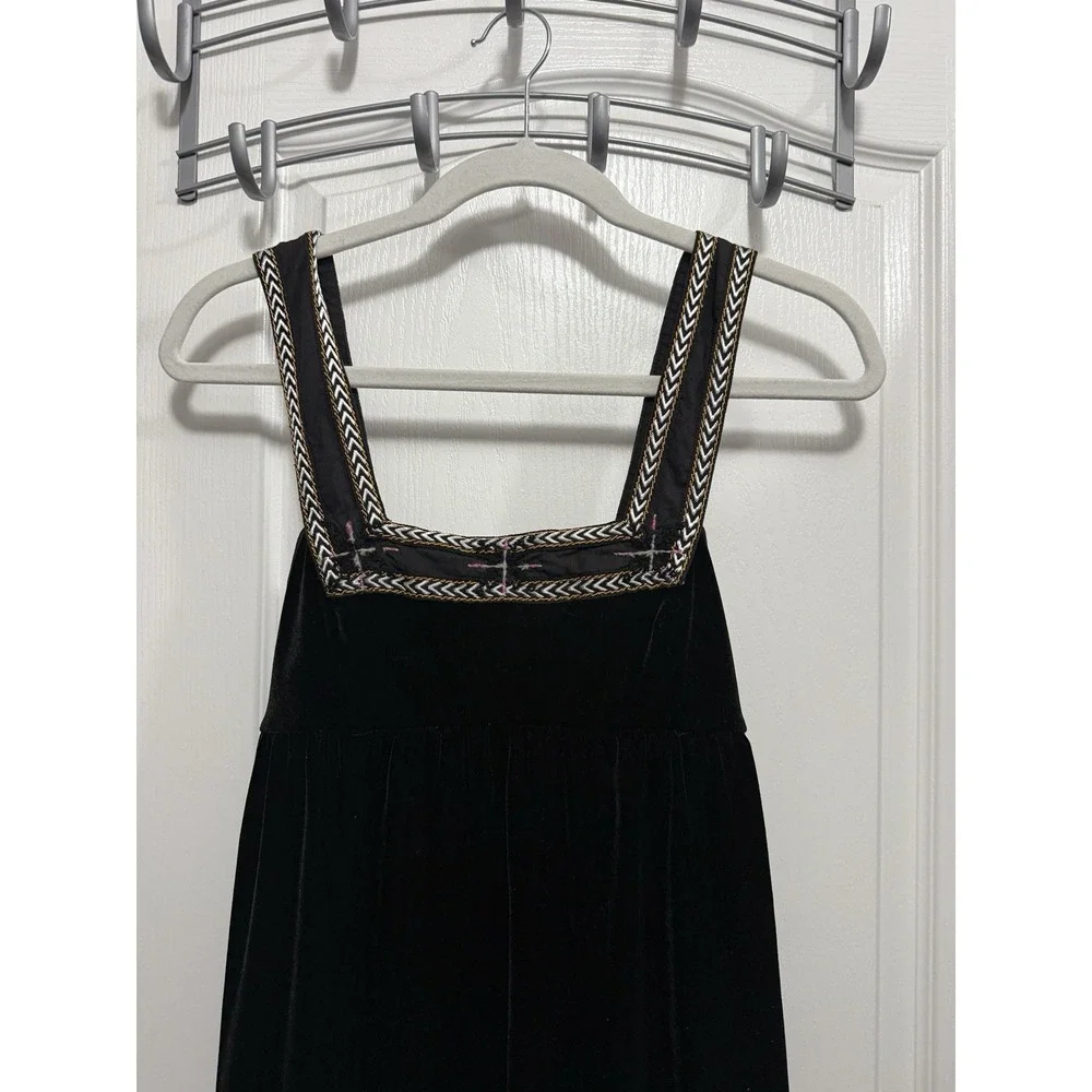 Free People Scandinavian Tunic Dress Black Velvet Boho Embroidered Trim Womens S